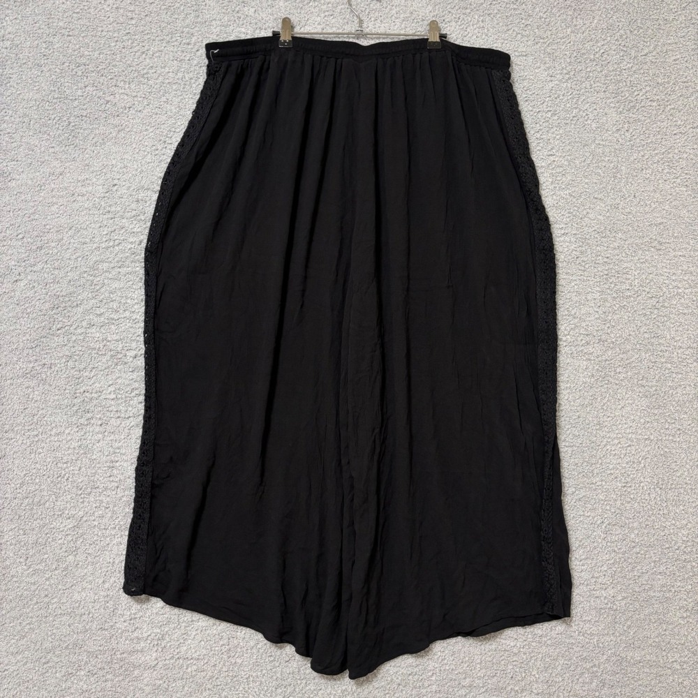 Wide Leg Black Lounge Pants 3X Elastic Waist Drawstring Crochet Side Detail - Picture 6 of 11